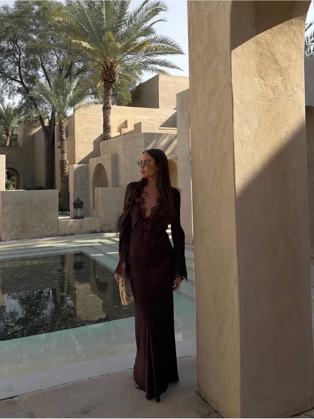 Shona Joy Revolve Lace Plunged Maxi Dress Espresso